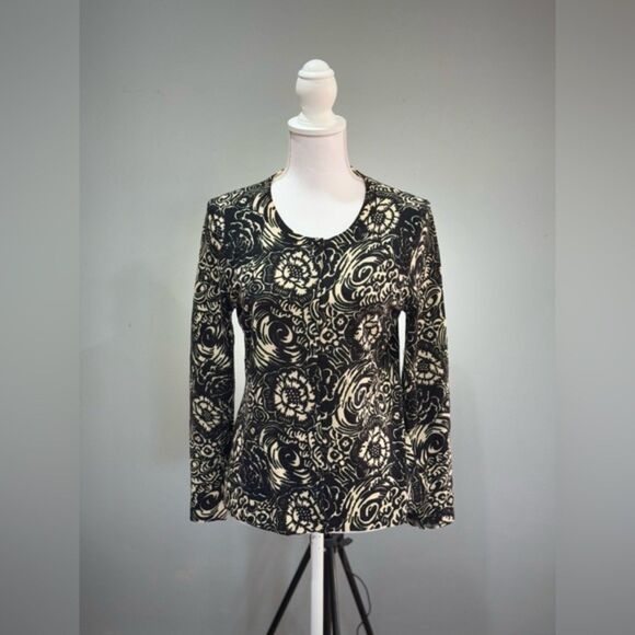 SALE! Black & Cream Talbots Swirl Floral Wool Cardigan Size L EUC - Picture 1 of 6